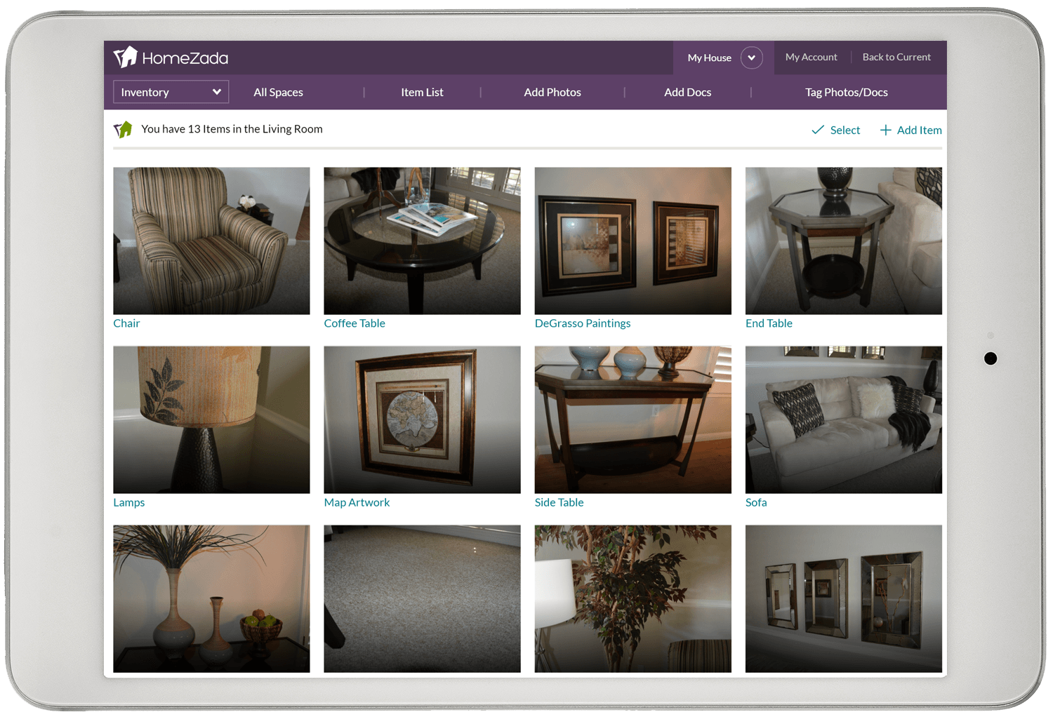 Homezada home inventory gallery of items